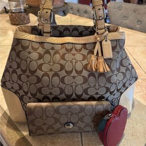 Coach Bundle! Brown and Tan Signature Canvas Tote, Wallet, Apple coin pouch!